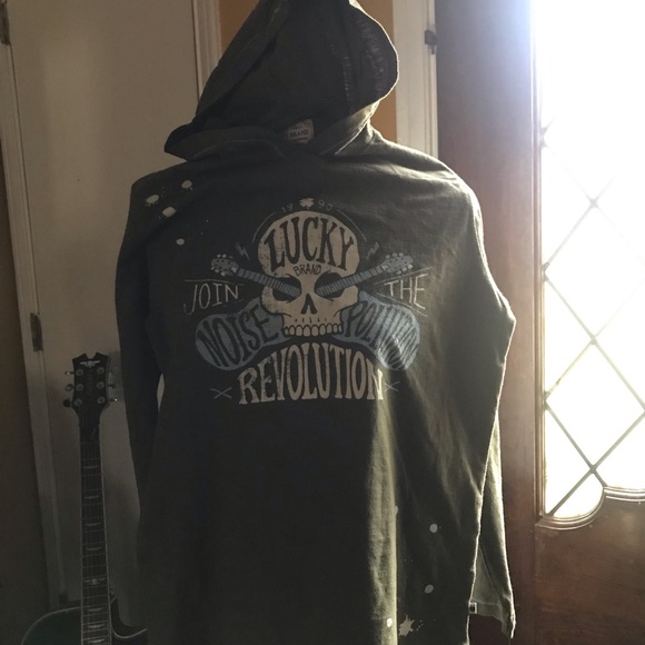 Lucky Brand long sleeve T hoodie olive green with skull guitar screen print - Picture 3 of 6